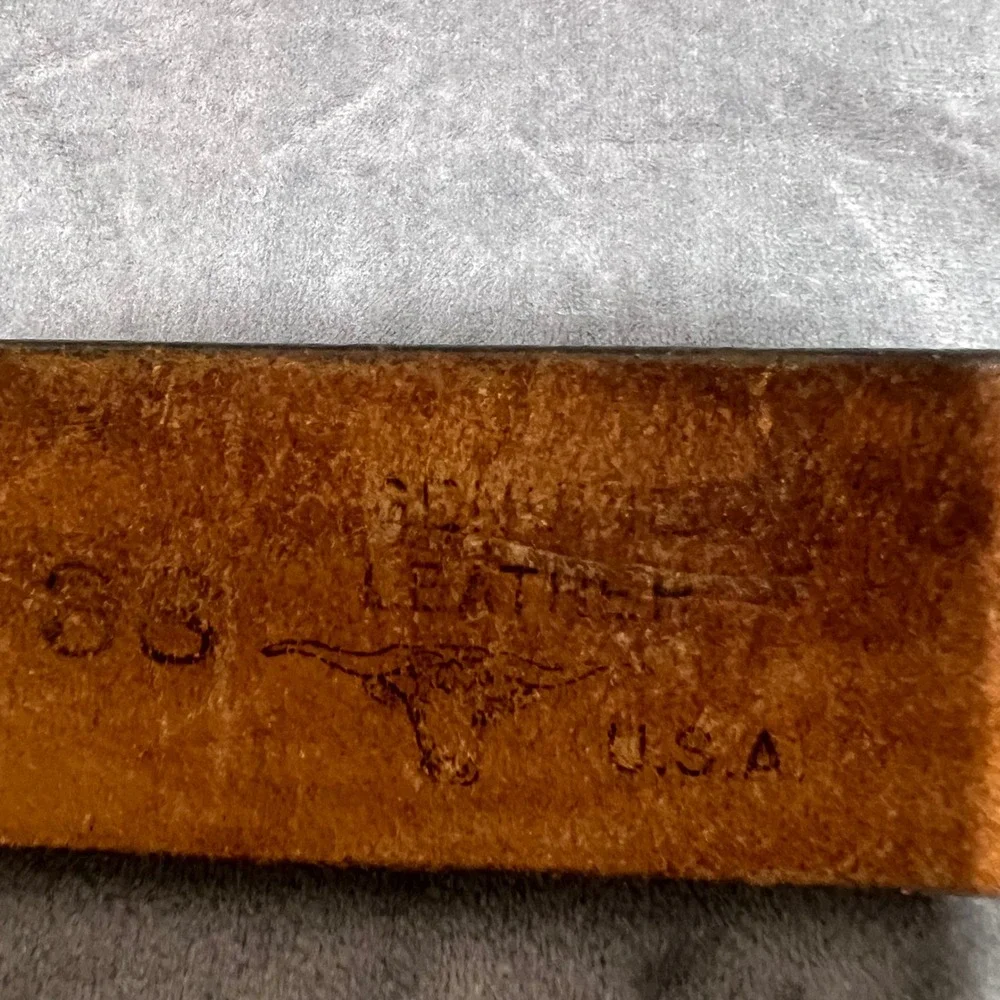 Vintage ADM Longhorn Brass Buckle Tooled Leather Belt 38 USA Eagle